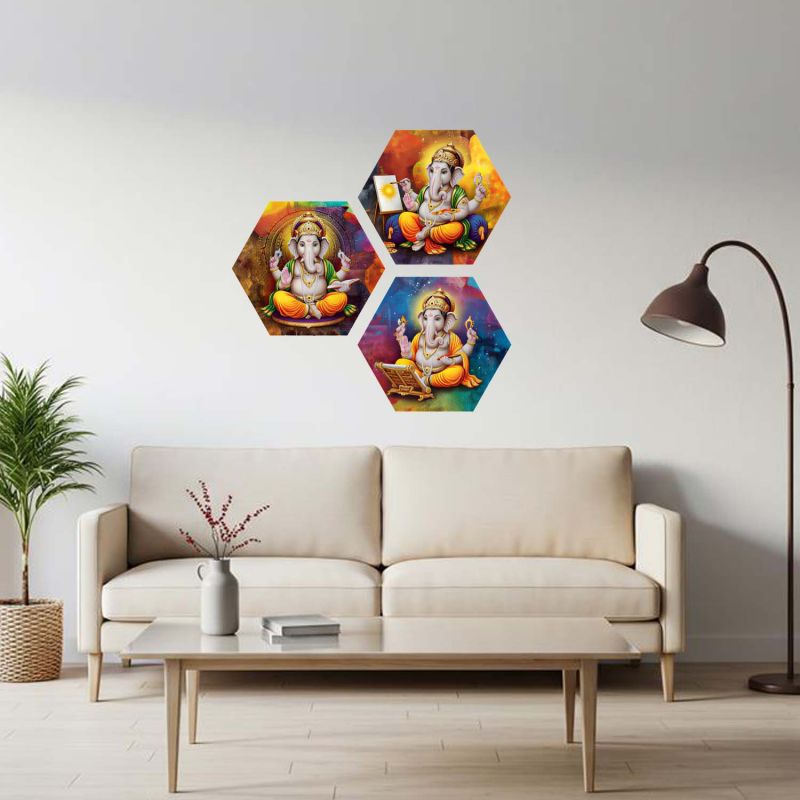 3 Piece Lord Ganesha Hexagon Wall Art Decoration Religious Art for Positivity UV Textured Spiritual Decor for Living Room, Home Temple and Office Paintings